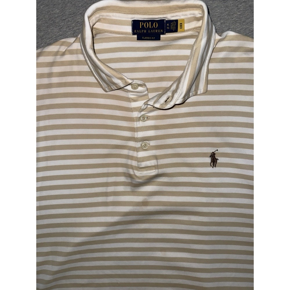 Ralph Lauren Mens Tan White Stripe Polo Golf XL Shirt Incredibly Soft Luxurious